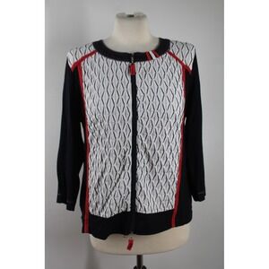 Gelco 14 Black White Red Zip Front Cardigan Smocked Textured 3/4 Sleeve Jacket
